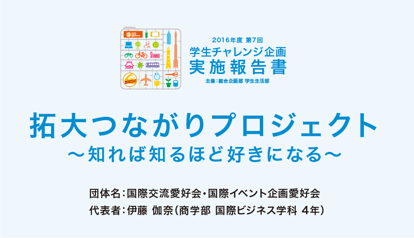 拓大つながりプロジェクト〜知れば知るほど好きになる〜,団体名：国際交流愛好会・国際イベント企画愛好会,代表者：伊藤 伽奈（商学部 国際ビジネス学科 4年）